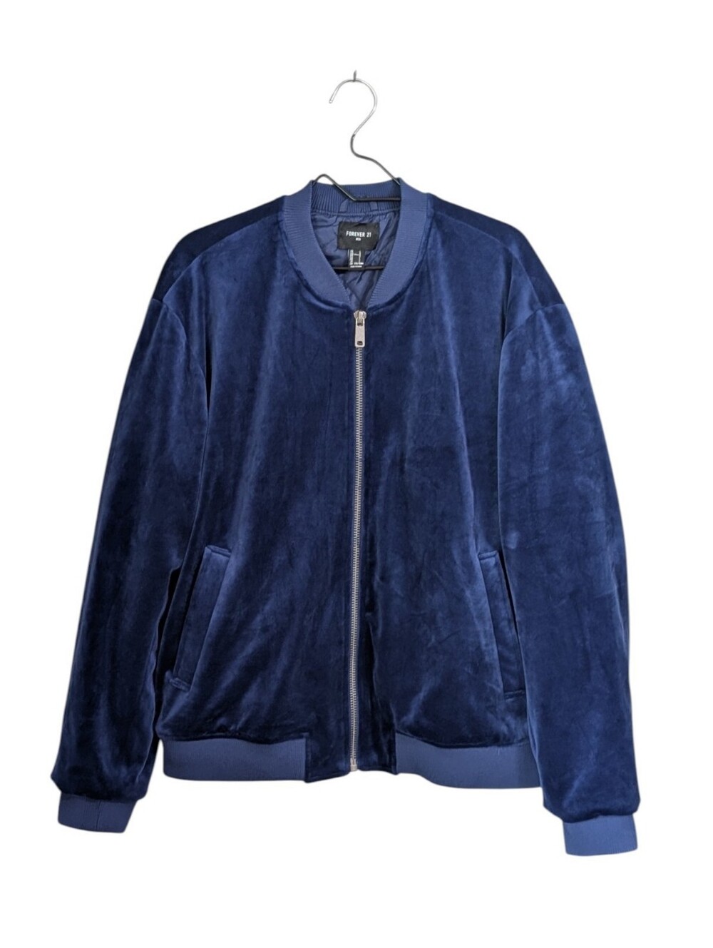 Forever 21 Men Blue Velour Full-Zip Bomber Jacket Size L Velvet Cozy Winter Soft